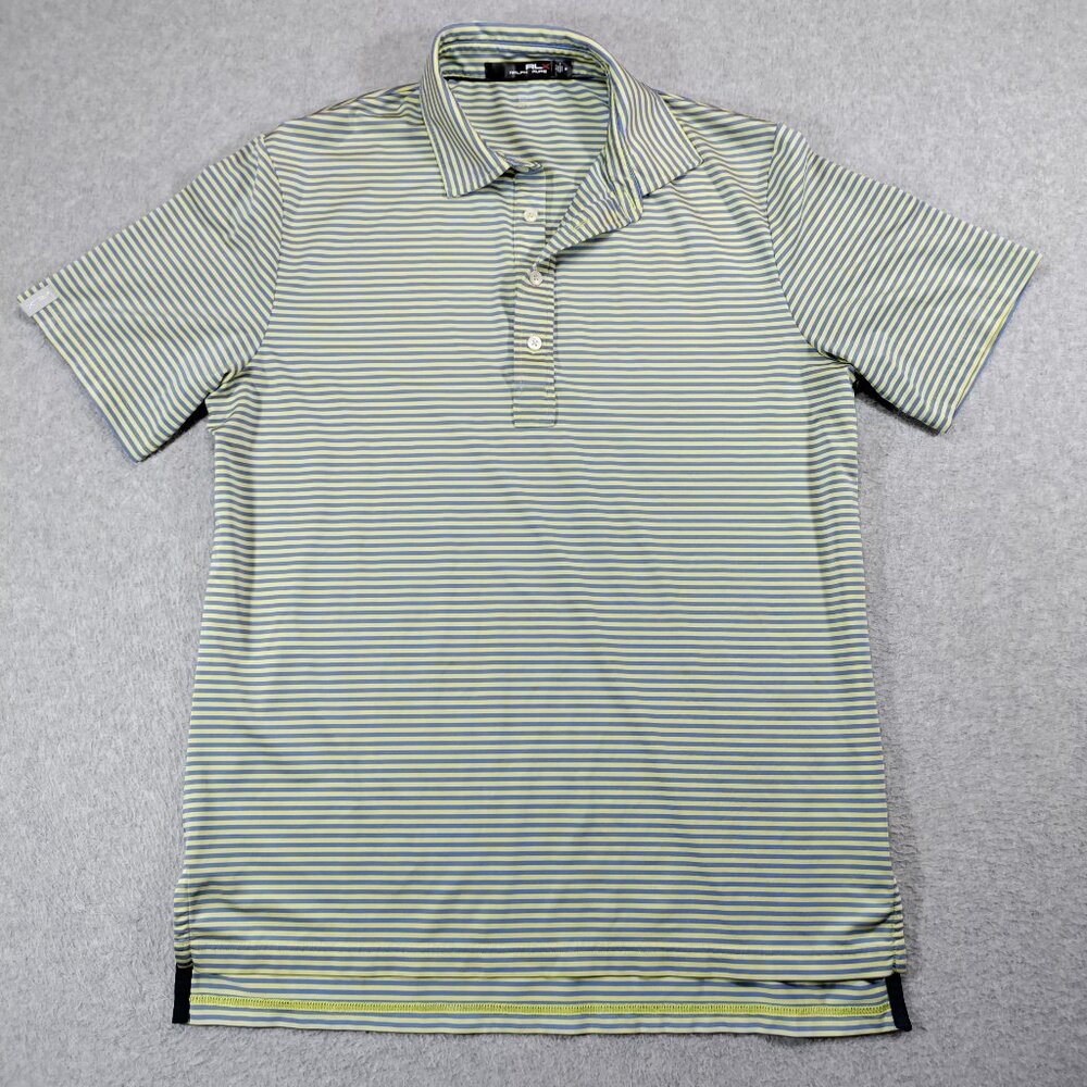 RLX Ralph Lauren Polo Shirt Mens Medium Yellow Blue Striped 4-Button Golf